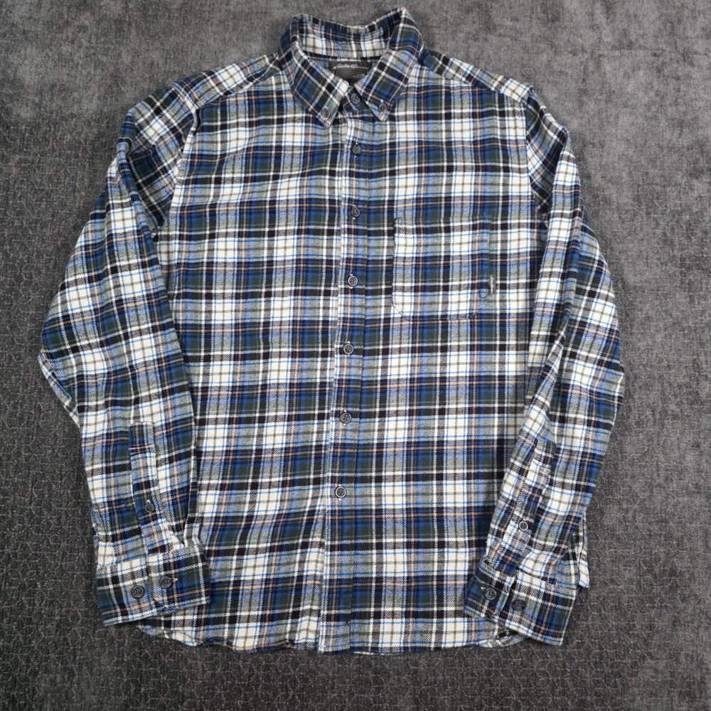Eddie Bauer Mens Medium Blue Plaid Flannel Button Down Shirt Gorpcore Stretch M